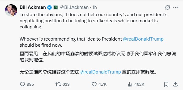 特朗普关税引发市场动荡，Ackman 投资组合年内重挫 15%